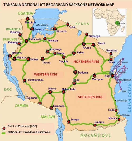 Tanzania Broadband Backbone Netowrk Map Courtesy:http://www.nictbb.co.tz/map.php