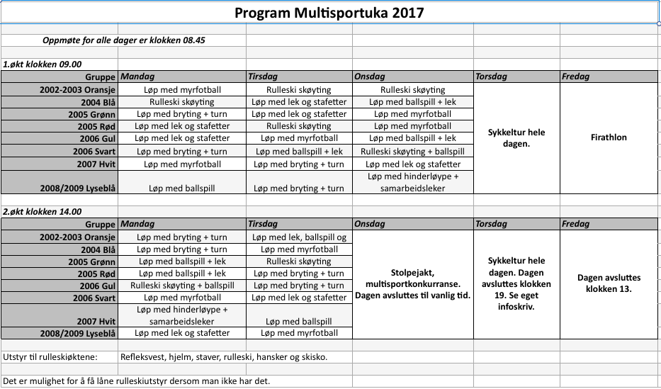 Detaljert programm Multisportuka 2017